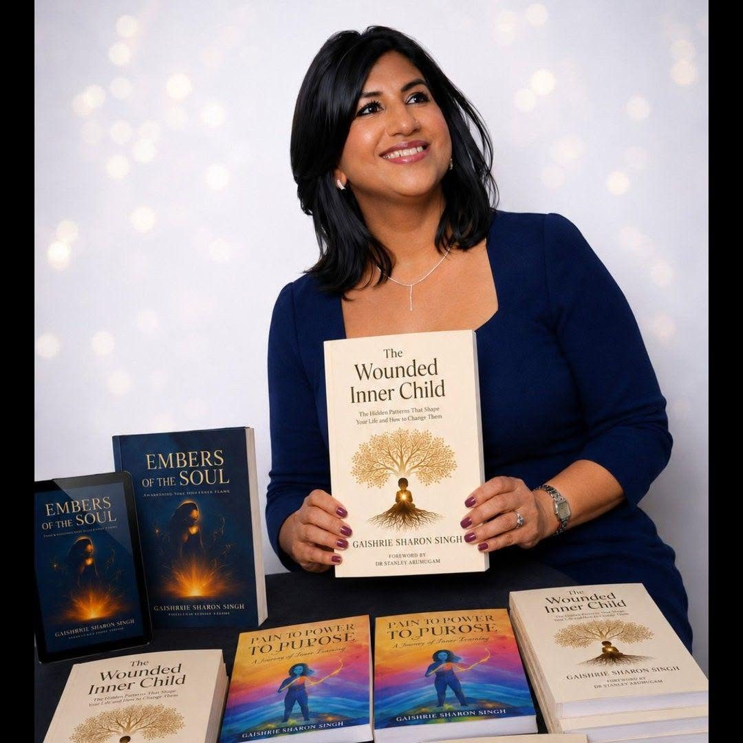 Gaishrie Sharon Singh with her collection of books